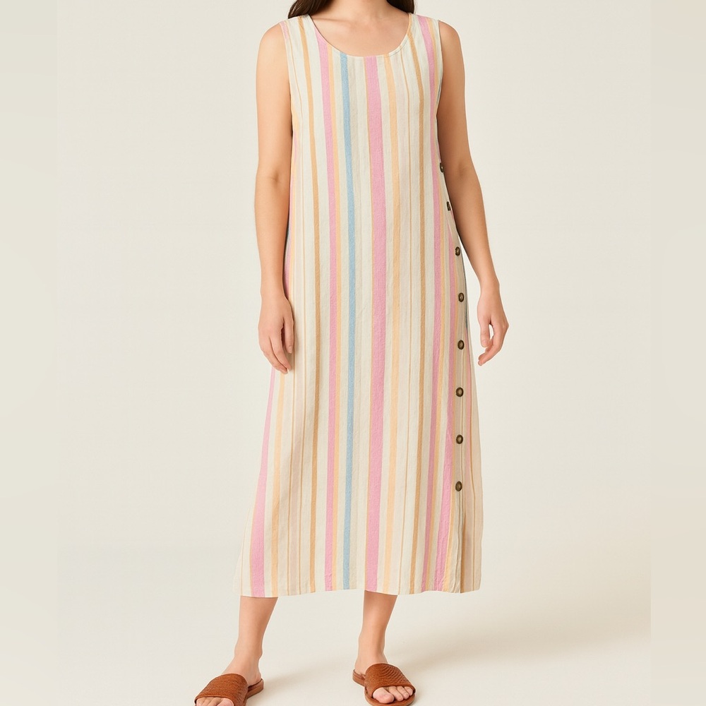 Pastel Striped Linen Blend Sleeveless Dress Summer Beach Vacation‎ Outfit Sz 2XL